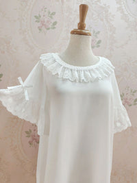 Yilia - Lace Frill - Loose Short Sleeve Chiffon Blouse - S / White