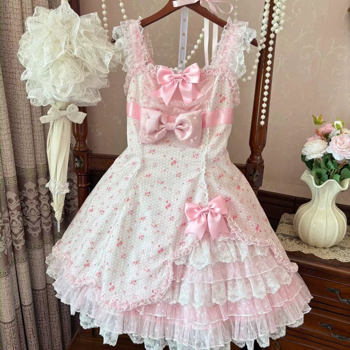 Sweetheart Dream Machine - Spring Shattered Lace Pink - Lolita skirt set with tiered lace and bows