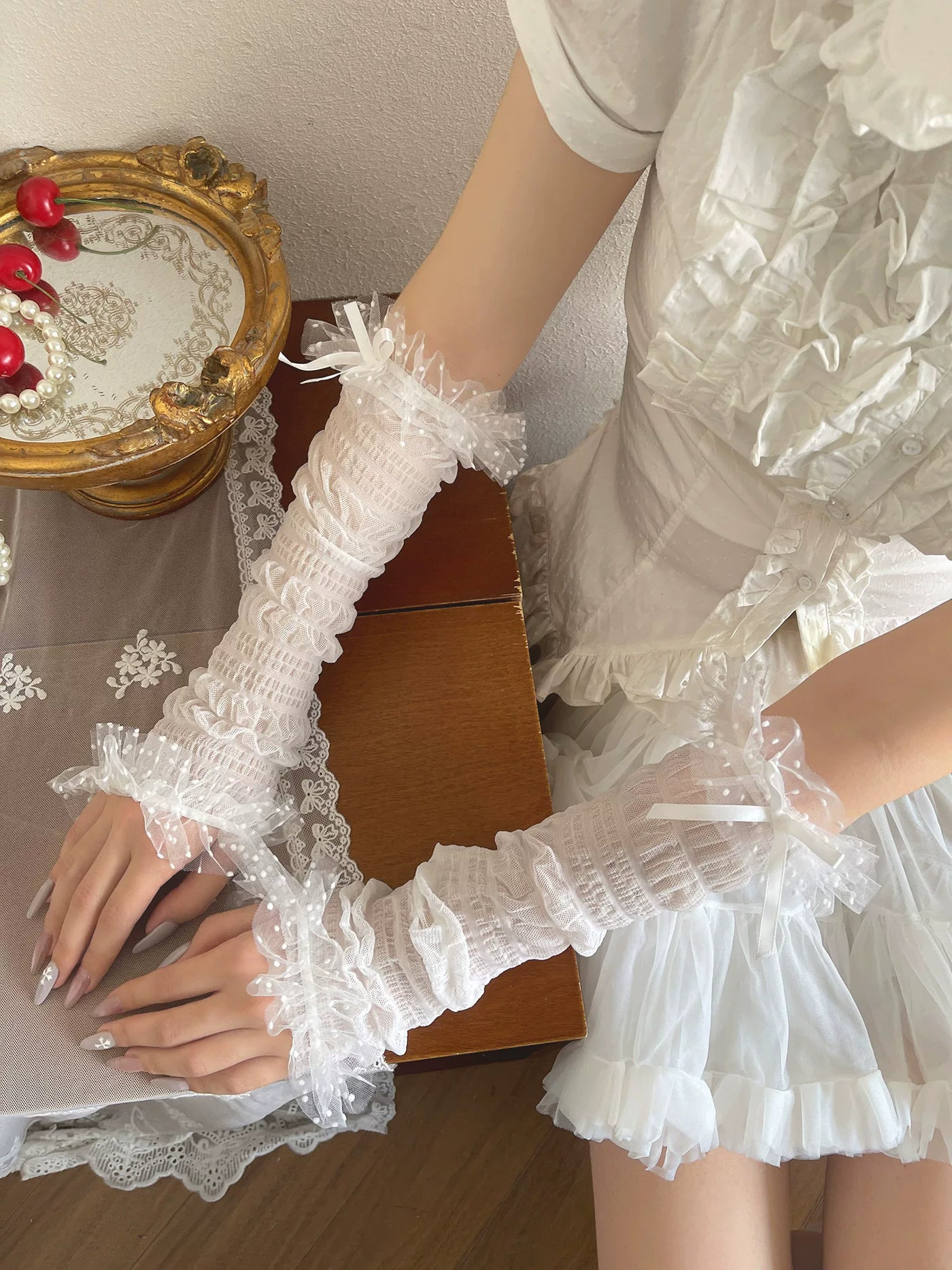 Sock Noble - Starry Mesh Arm Sleeves - Mesh Arm Sleeves with Bow Details