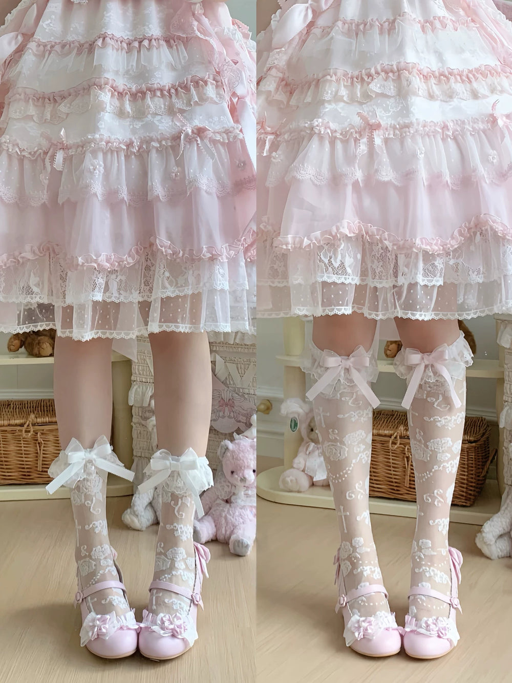 White and pink sheer socks with rose and bow details styled on a model.