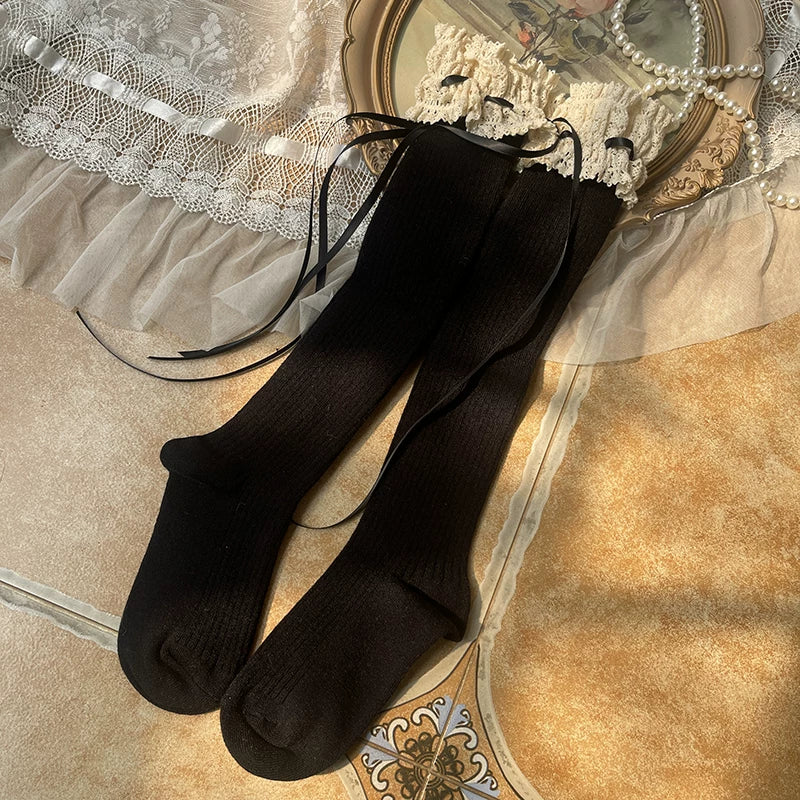 Sock Noble - Winter Lace - Cotton and Wool Mid-Calf Boot Socks with Ribbon Ties