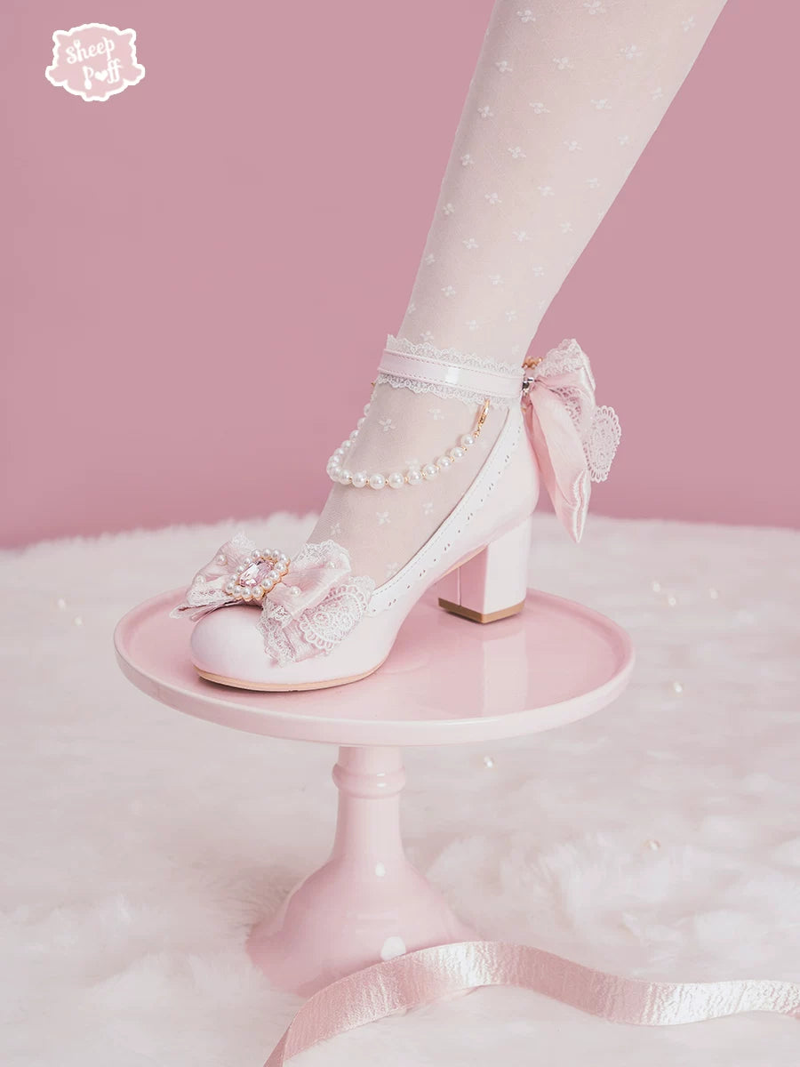 Sheep Puff Princess Pearl Mary Jane Shoes, white shoes with pearl embellishments and a classic Mary Jane style for girls.