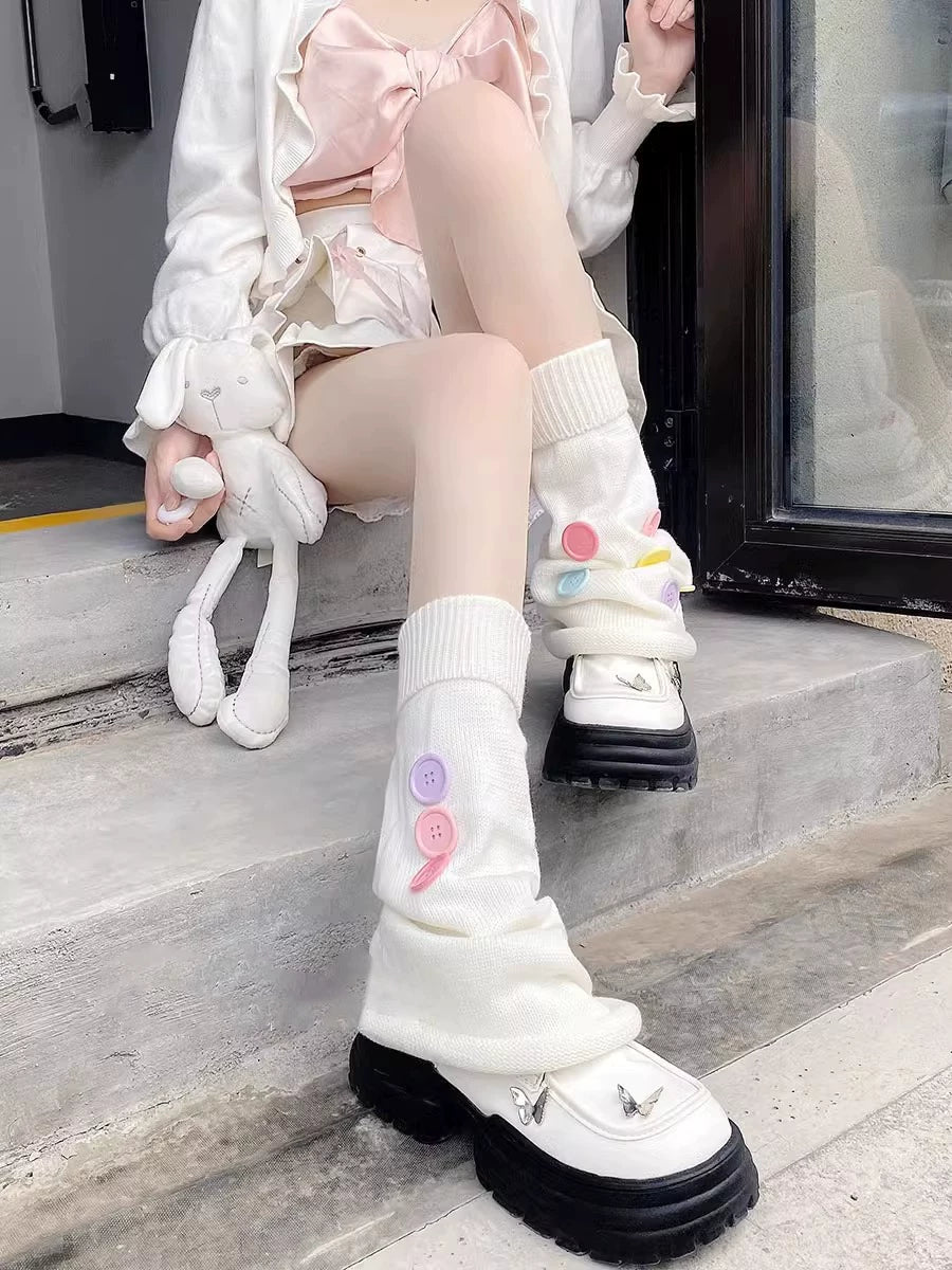 Floral Milk Cat - Buttoned Slouch - Leg Warmers with Button and Plain-Knit Styles