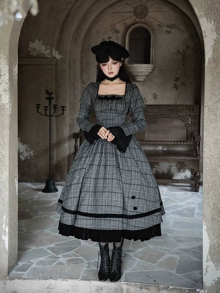 With PUJI - Yesterday's Epistle - Winter Classic Lolita Plaid Dress Set, Fishbone Waist