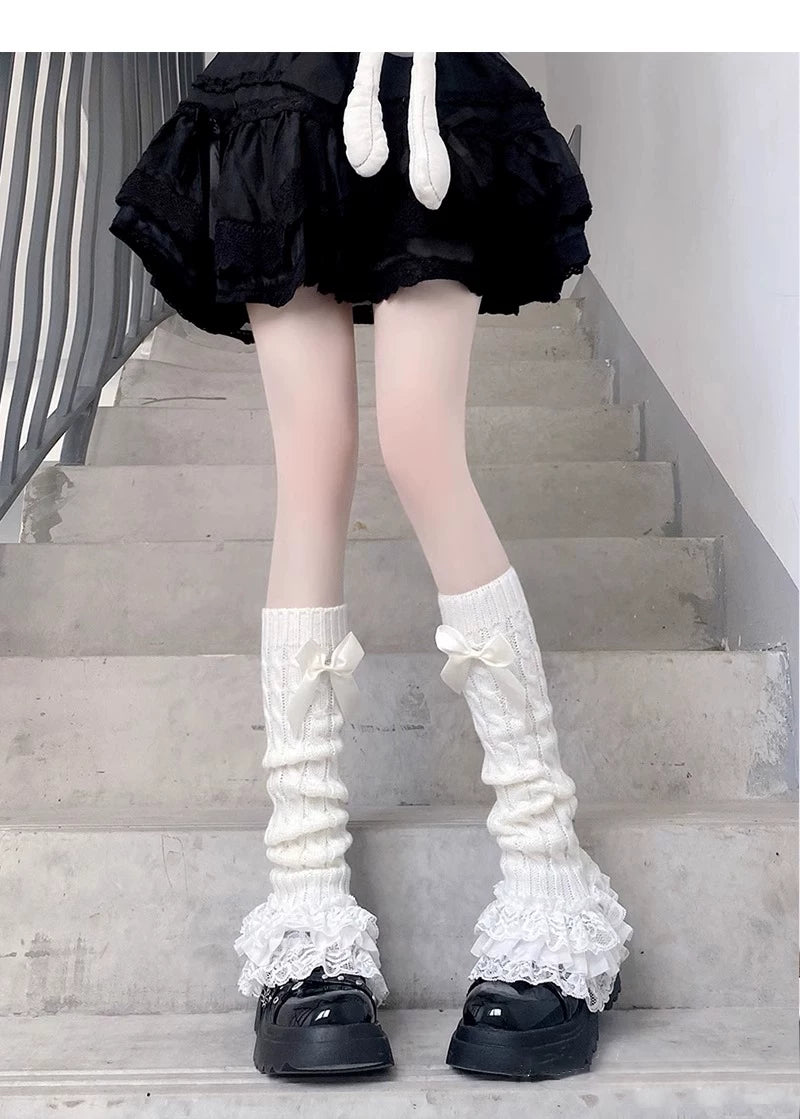 Floral Milk Cat - Ribbon Knit - Scrunched Calf Socks with Bows and Lace Ruffles