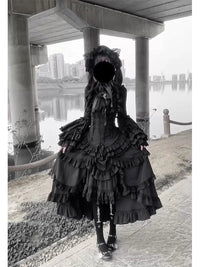 Gothic Ruffle Set - Black Princess-Sleeve Blouse and Skirt Set with Layered Ruffles - Top + lower skirt + bow tie / S