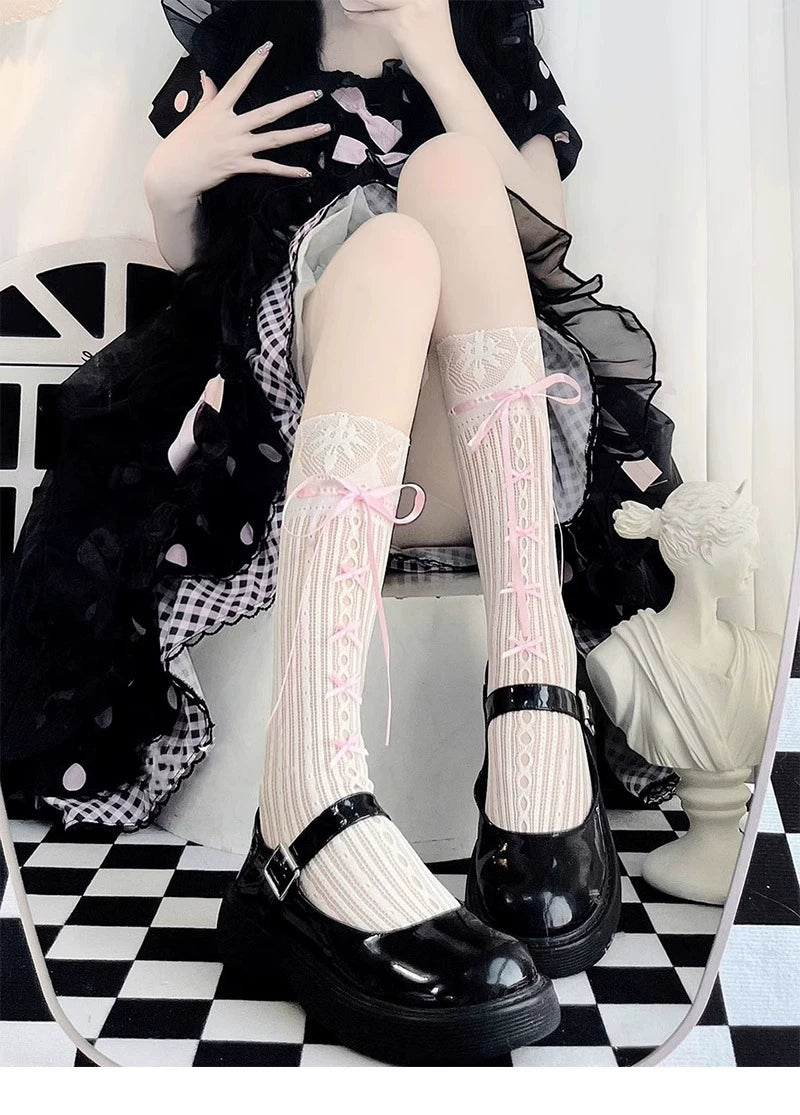 Floral Milk Cat - Ribbon Lace - Thin Lace Calf Socks with Tie Details