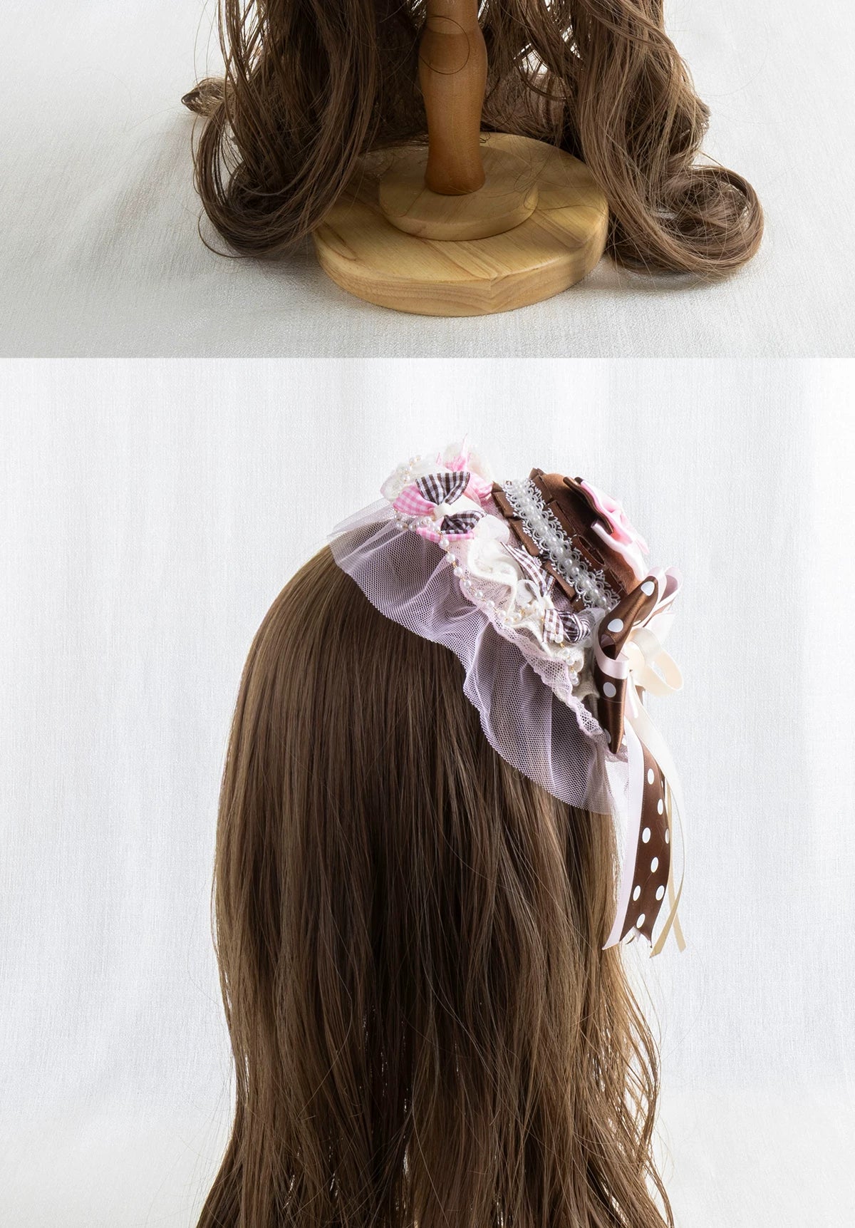 Lightbound Narrative - Chocolate Polka Dot - Headwear Options with Layered Lace and Ribbon Bows