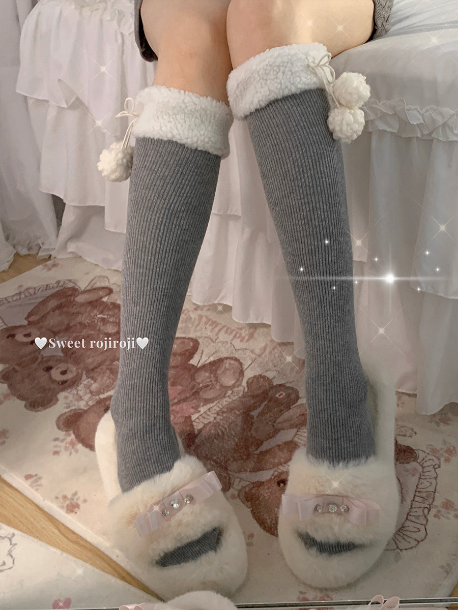 roji roji - Plush Pom-Pom - Lamb-Fleece Over-the-Knee and Calf Socks with Pom-Pom Cuffs - option image