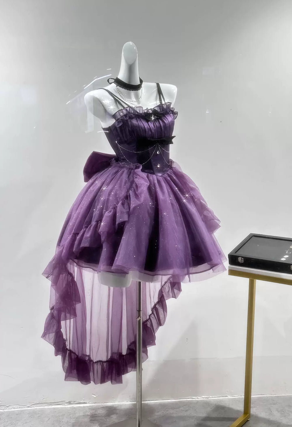 Purple glitter Lolita skirt set with layered skirt and long train
