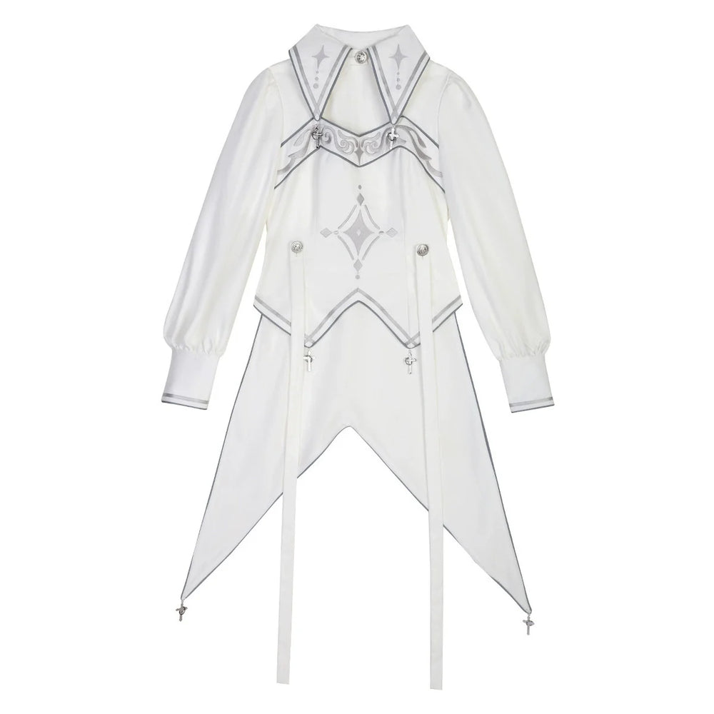White Ouji Lolita cape, top, and shorts with silver star-and-moon embroidery and cross pendants.