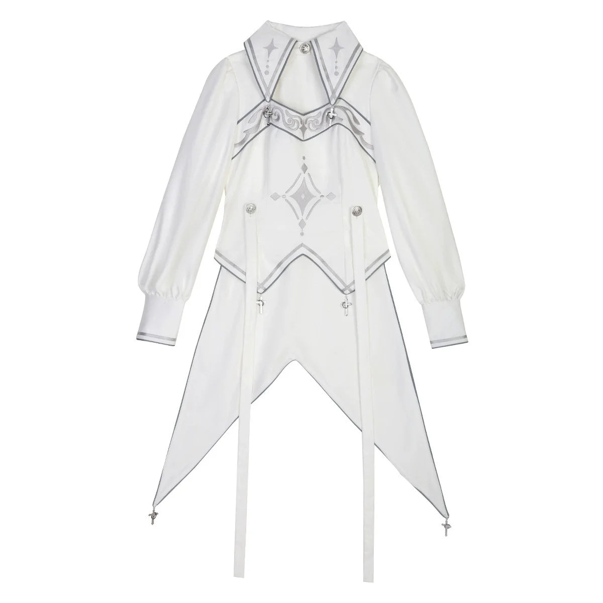 White Ouji Lolita cape, top, and shorts with silver star-and-moon embroidery and cross pendants.