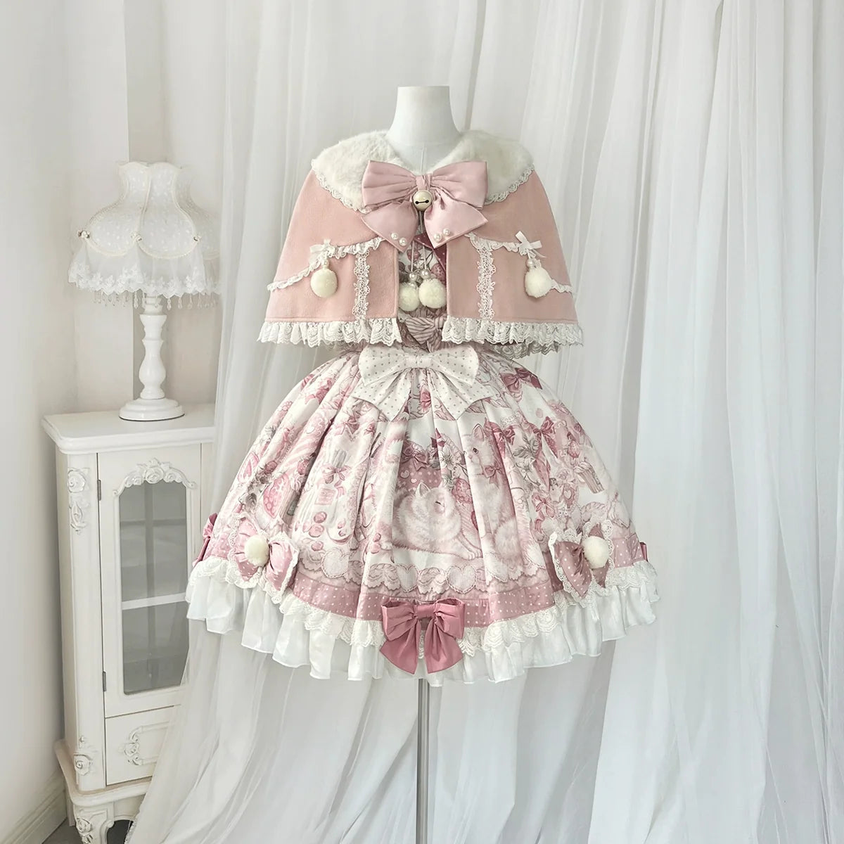 Matutu - Dessert Catlets - Sweet Lolita JSK dress and faux-fur collar cape set with cat and strawberry prints - product detail 2