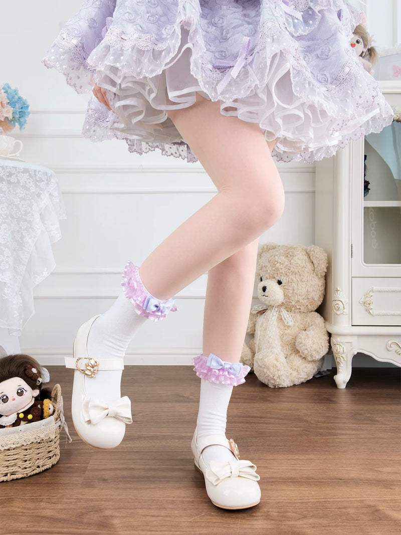 Floral Milk Cat - Lace Bow - Mid-Calf Socks with Ruffled Cuffs