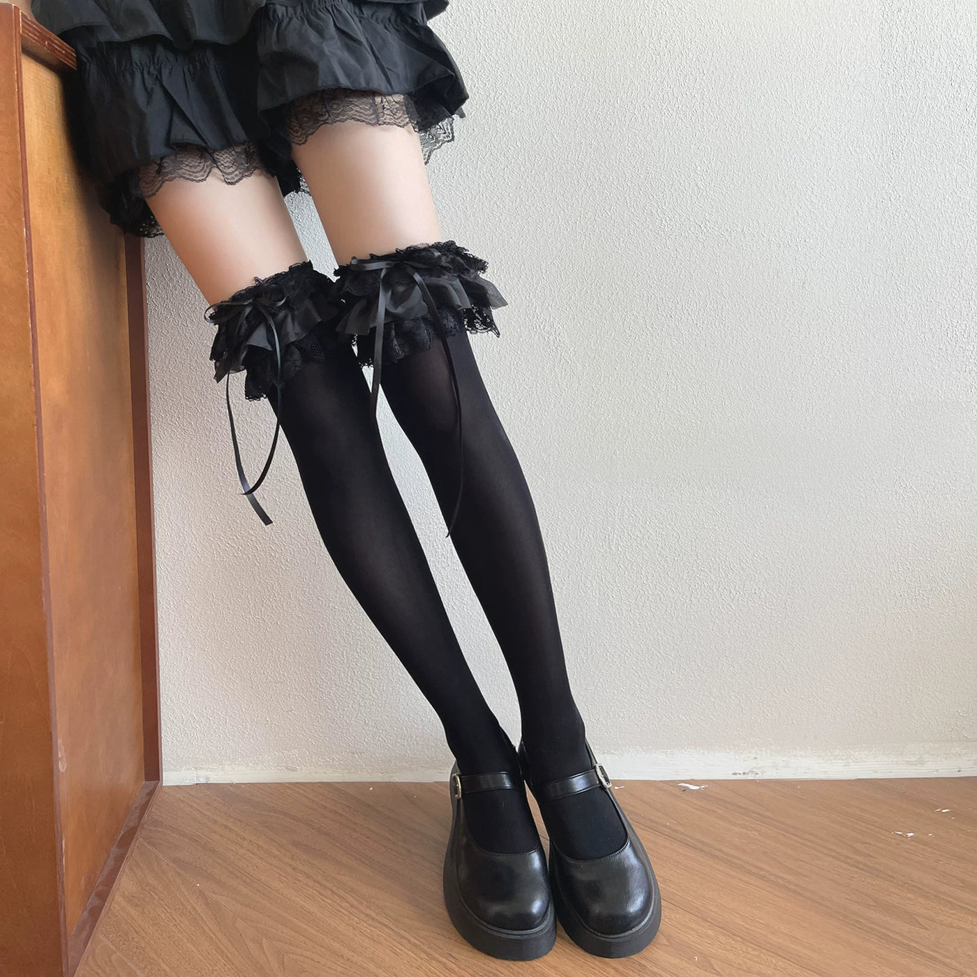 Sock Noble - Ruffle Lace Legwear - Velvet Socks with Layered Lace