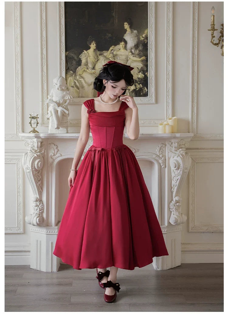With PUJI - For Beloved - Classic Lolita Satin JSK Dress Set, Fishbone Waist
