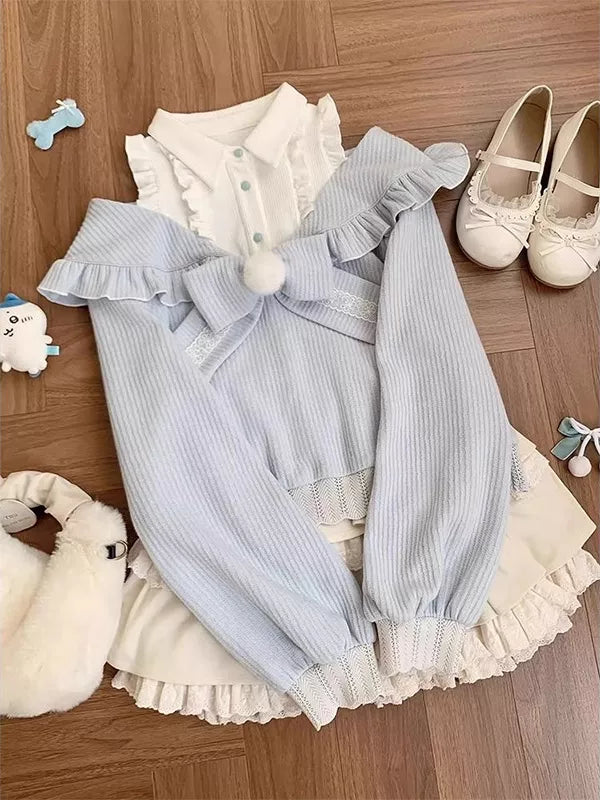 Powder-blue off-shoulder knit top and cream-apricot ruffled half-skirt set on a mannequin.