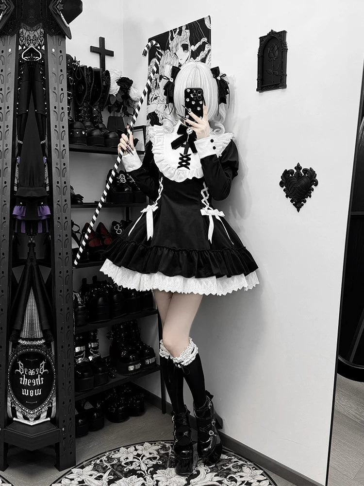 With PUJI - Oxygen Ion - Sweet Lolita OP Dress, Ruffle Trim & Velvet detail view 4
