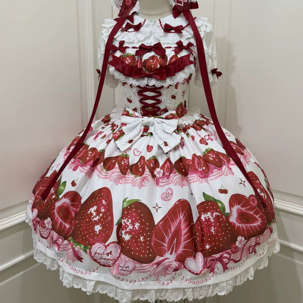 Lady Han Sweet Berry Story JSK dress from Lolita Fetch featuring a cute, colorful floral pattern and a fitted bodice.