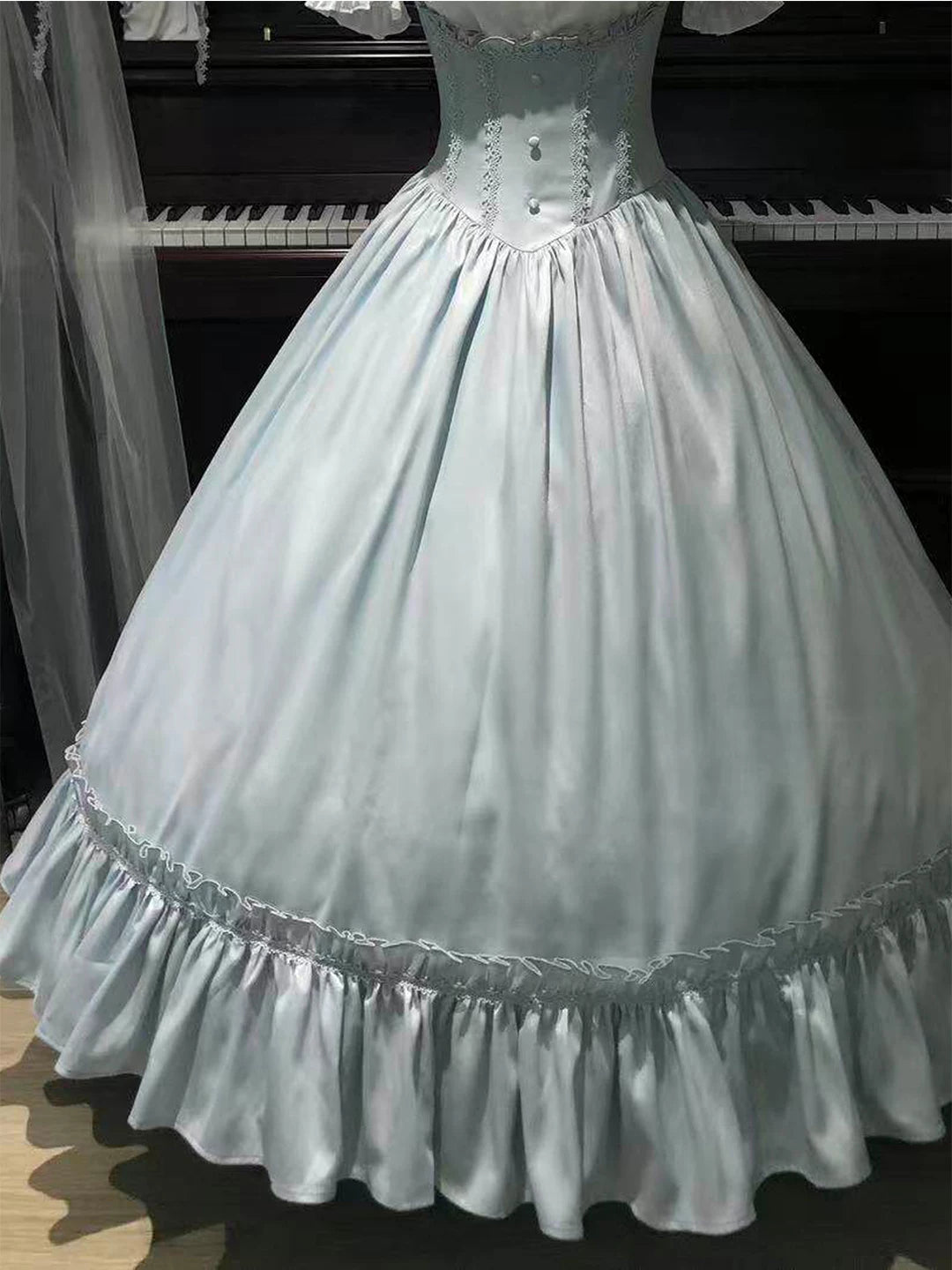 Creamy - Light Blue Lady - JSK set with a white bow blouse and blue suspender skirt