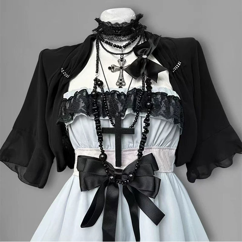 Creamy - Vintage Girl - Cardigan and Dress Set with Black Lace Trim