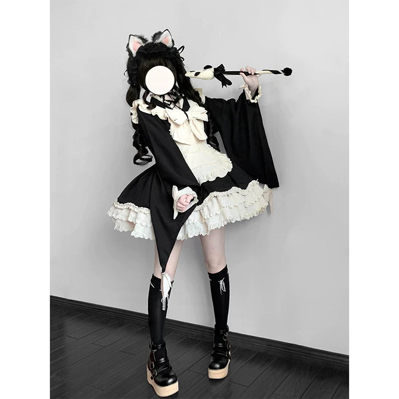 Creamy - Black and Ivory Maid - Two-Piece Dress and Suspender Apron Set with Bows