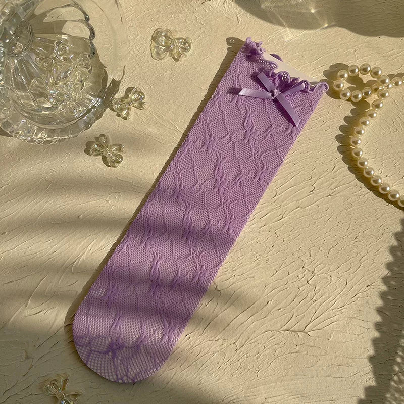 Sock Noble - Candy Lace Bow - Lace-Trimmed Slouch Socks with Ribbon Bows