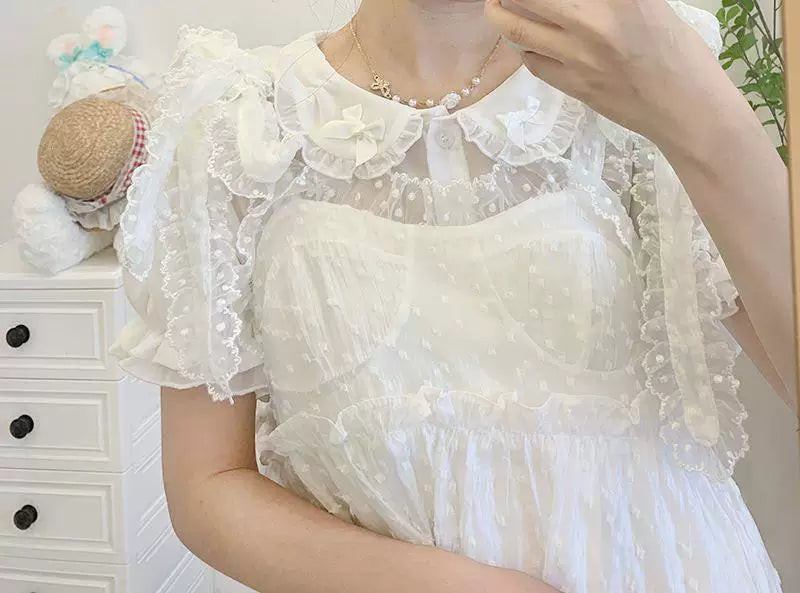 Sweetheart Dream Machine - Ribbon Collar - Short-Sleeve Blouse with a Ruffled Peter Pan Collar