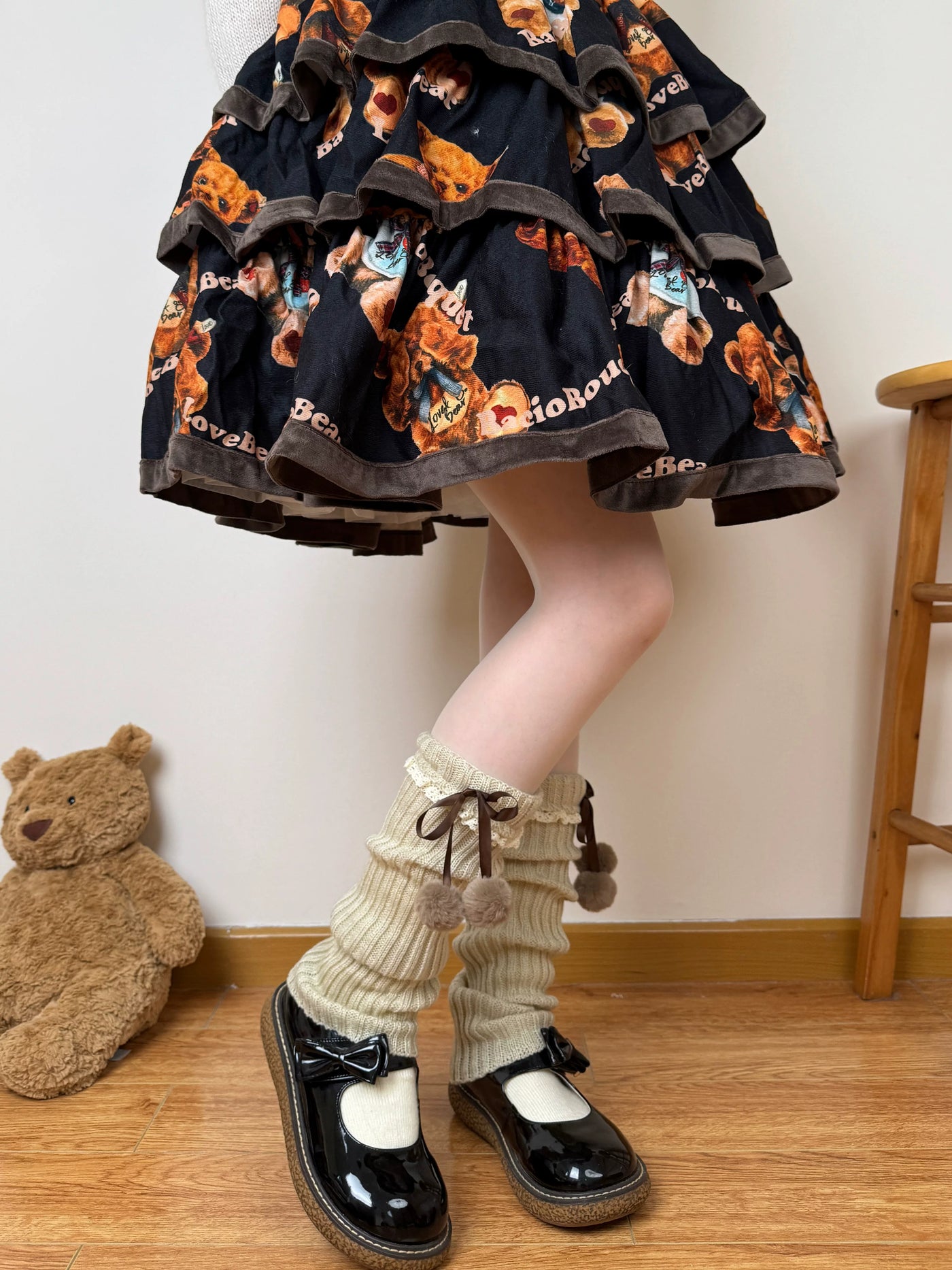 Chubby Bear Tales - Ribbon Knit - Scrunched Knit Leg-Warmer Socks with Ribbon Ties
