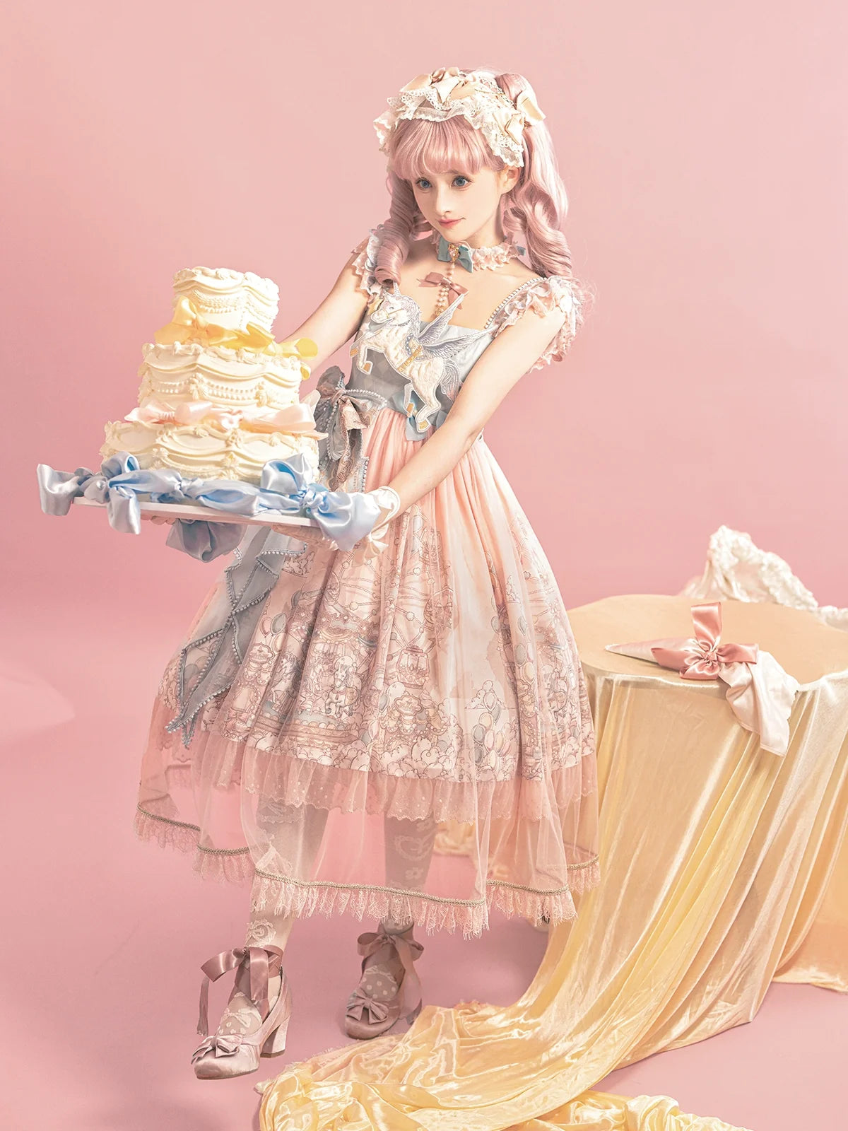 Designer's Gift - CloudPlay - Pastel Sweet Lolita JSK dress with carousel print and detachable waist bows - product detail 5