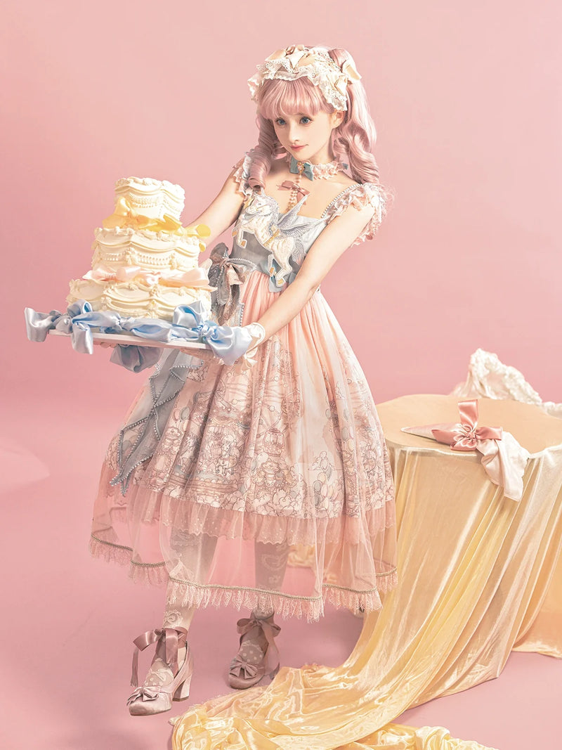 Designer's Gift - CloudPlay - Pastel Sweet Lolita JSK dress with carousel print and detachable waist bows - product detail 5