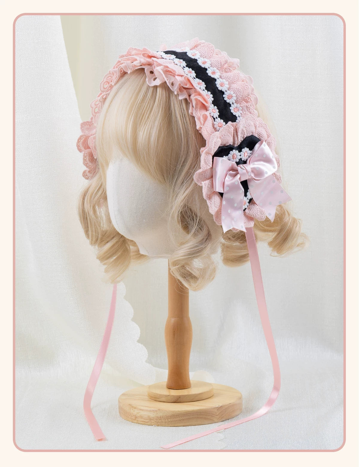 Stardust Rose - Sweet-Cool Polka Dot - Black or Pink Headbands and Flat Caps with Lace Bows