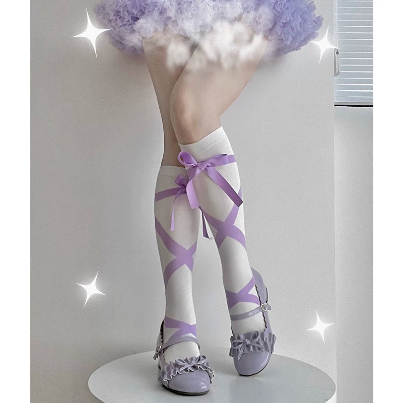 roji roji - Ribbon Strap - Cotton Mid-Calf Socks with Crossed Ribbon Straps