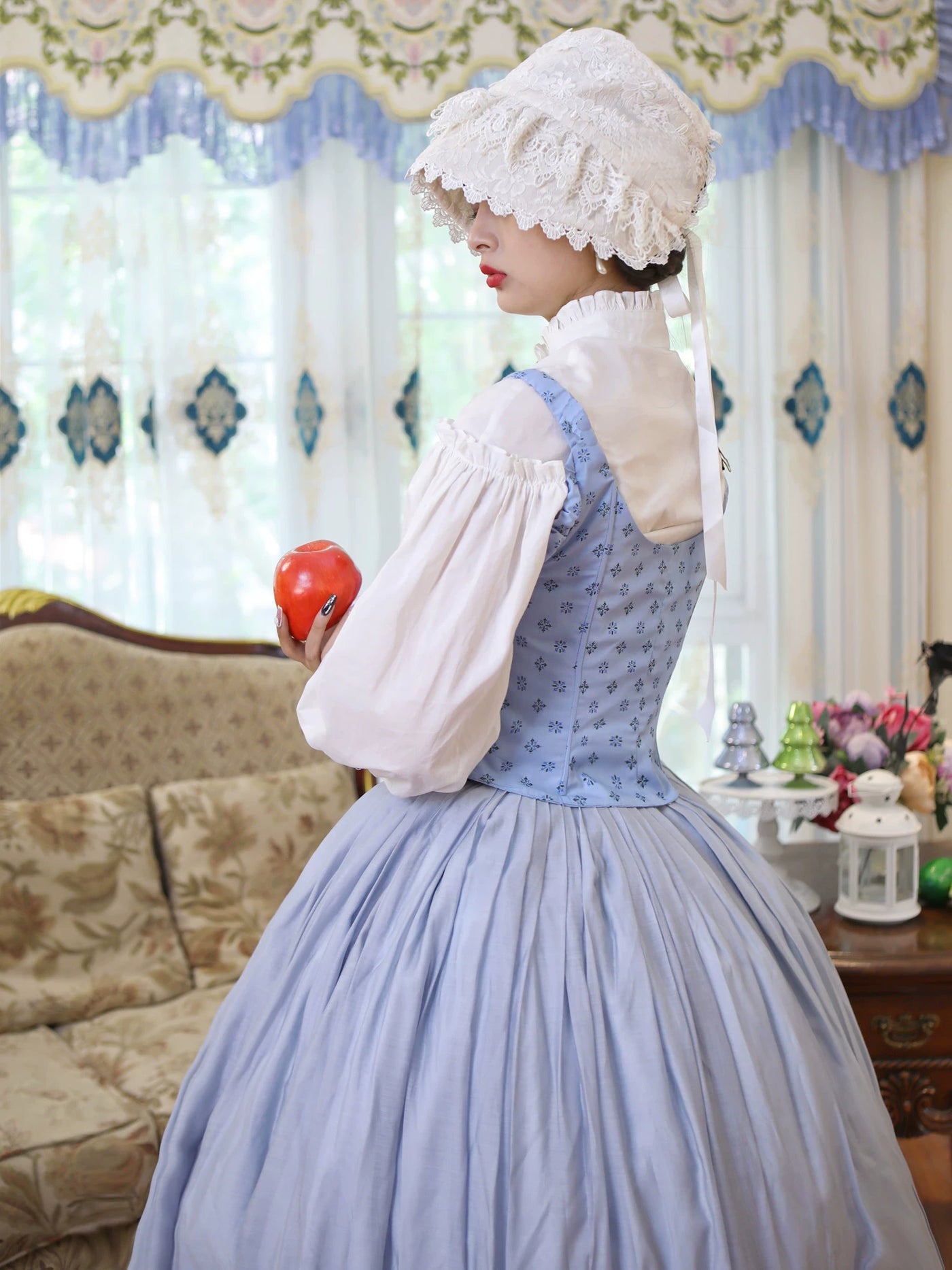 LACE GARDEN - Bavarian Girl - Light Blue Three-Piece Set with a Lace-Up Boned Bodice