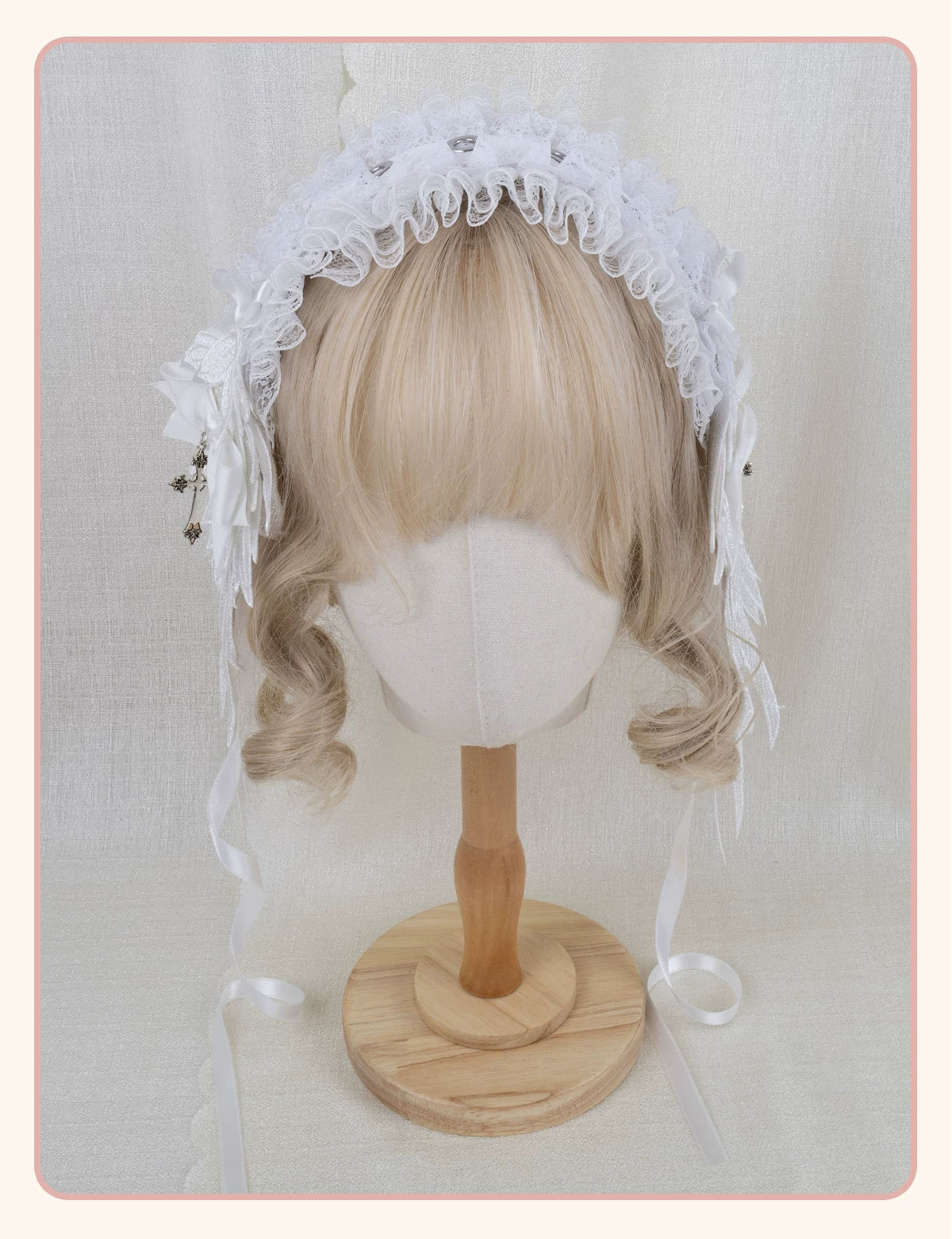 Stardust Rose - Winged Cross - Black-and-White Lace Headband with Wings and Cross Details