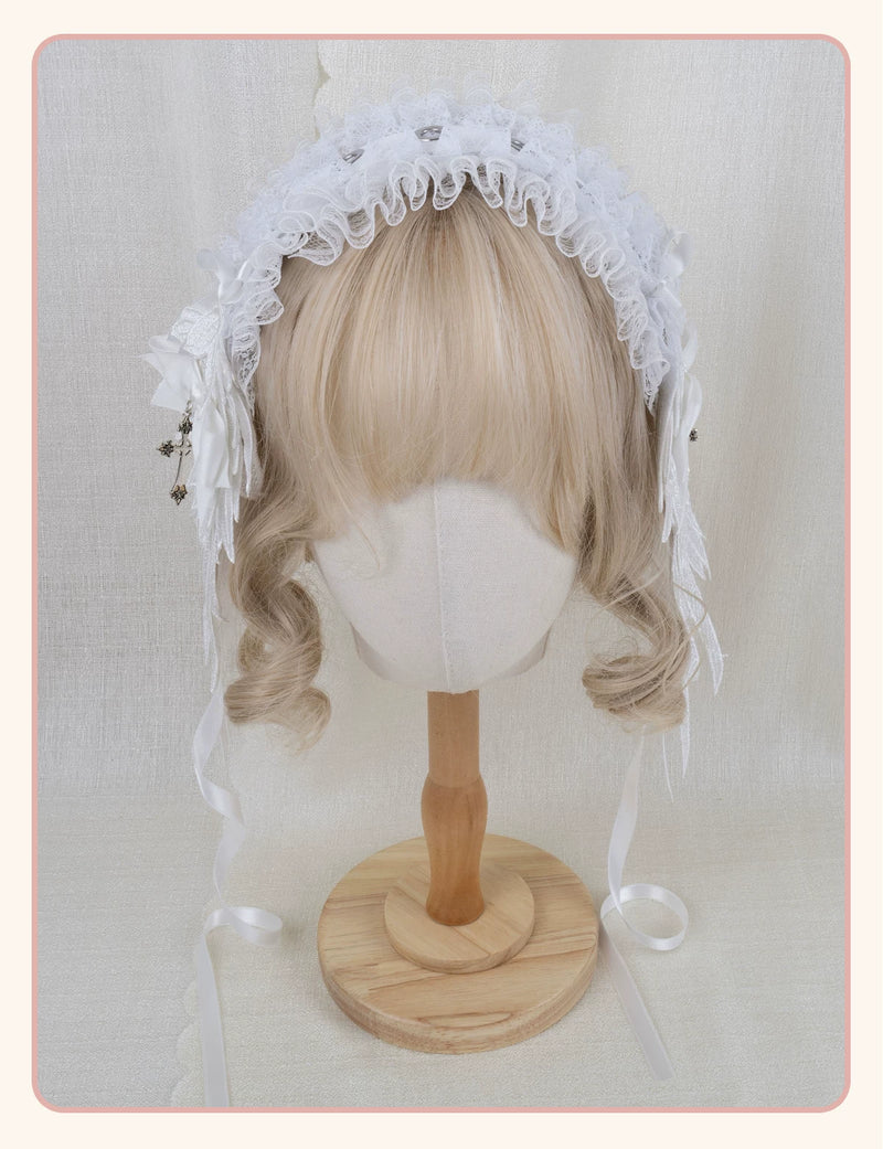 Stardust Rose - Winged Cross - Black-and-White Lace Headband with Wings and Cross Details