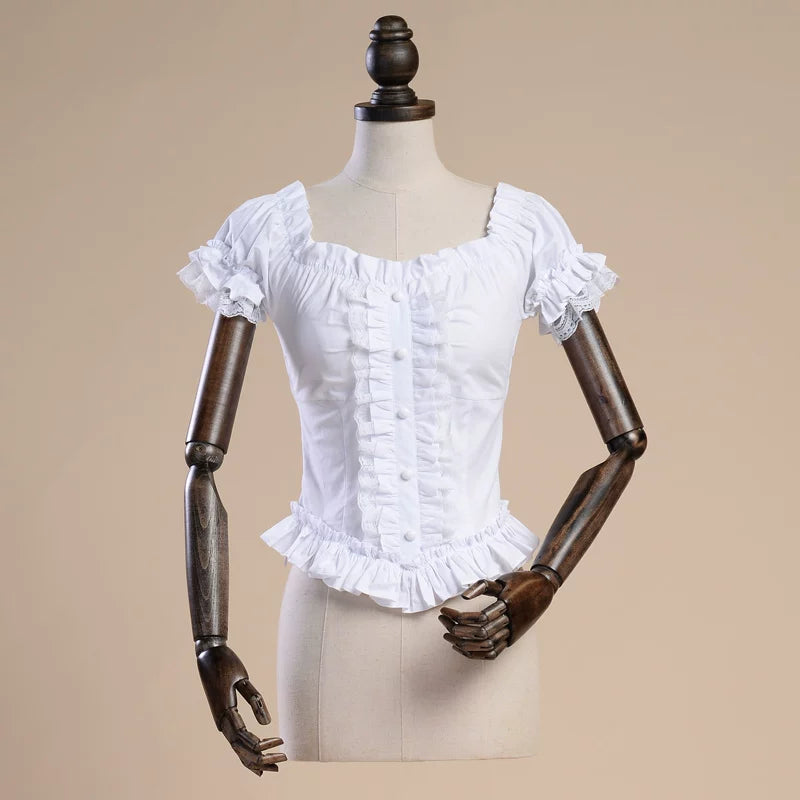 LACE GARDEN - White Rose - Off-Shoulder Short-Sleeve Blouse with Lace Trim