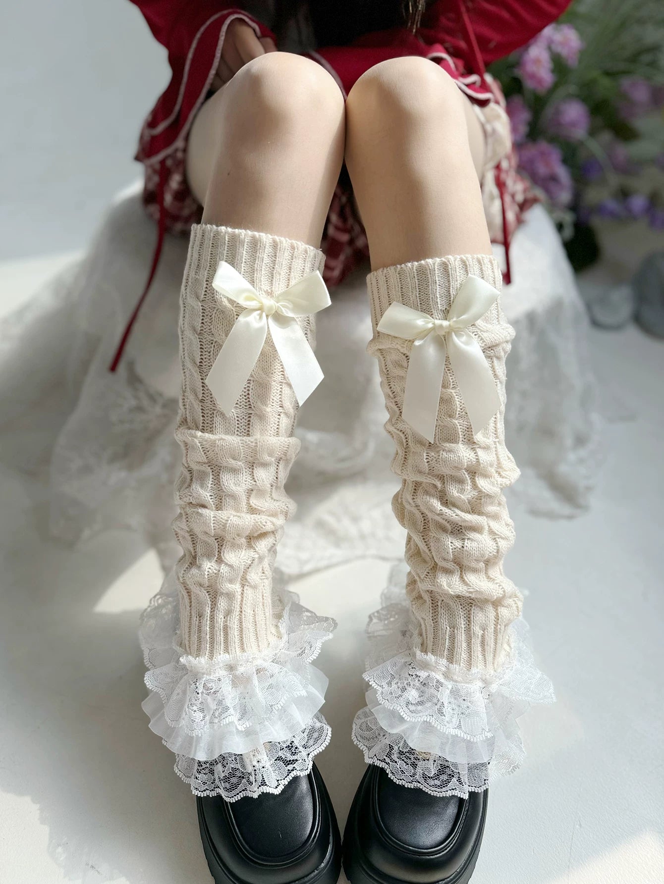 Fantasy Doll - Bowed Lace Layers - Knit Mid-Calf Leg Warmers with Lace Ruffles and Bows
