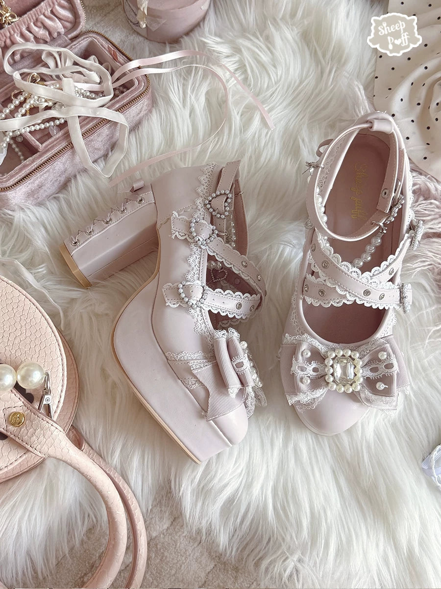 Sheep Puff Gem Lace Lolita heels featuring lace details, decorative gems, and a stylish shoe design with a charming, feminine look.