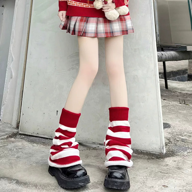 Floral Milk Cat - Christmas Stripe - Leg-Warmer Socks with Red Cuffs