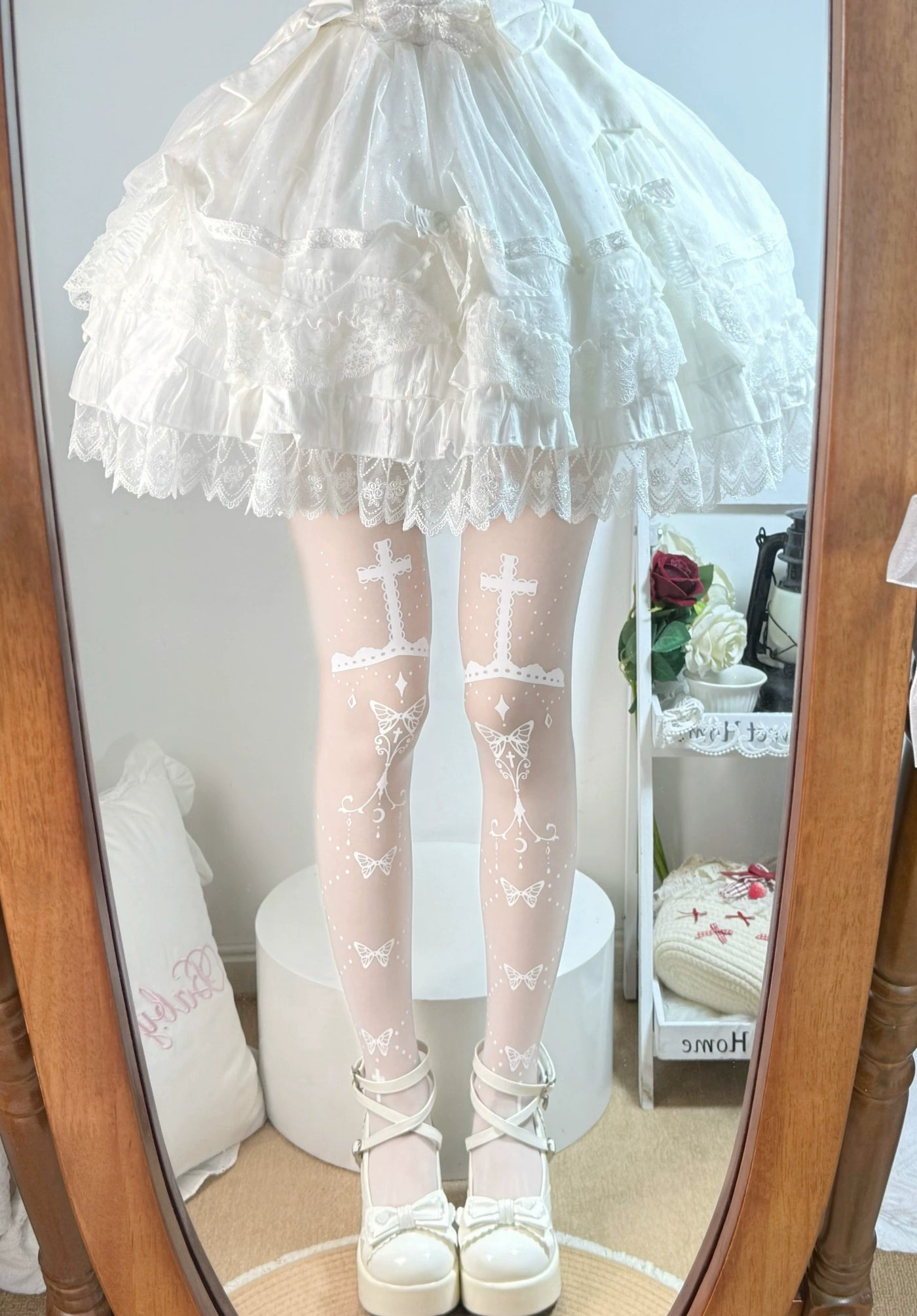 Fantasy Doll - Butterfly Prayer Cross - Printed Pantyhose with Butterfly and Cross Motifs