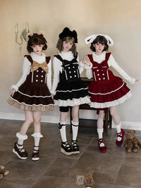 Avec PUJI - Snowlight of Tokamachi - Kawaii Lolita JSK, Bandeau oreilles d'animal - Kumako Coffee Colored Pinafore Skirt 2-piece set (Skirt + Bear Headband) - In Stock / S