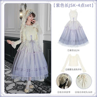 With PUJI - Tulip - Classic Lolita JSK Dress, Boned Bodice Detail - Purple long JSK 4-piece set (JSK + Morning Dew cardigan + Confession Poem headband + Confession Poem flower bun veil) Available in advance / S
