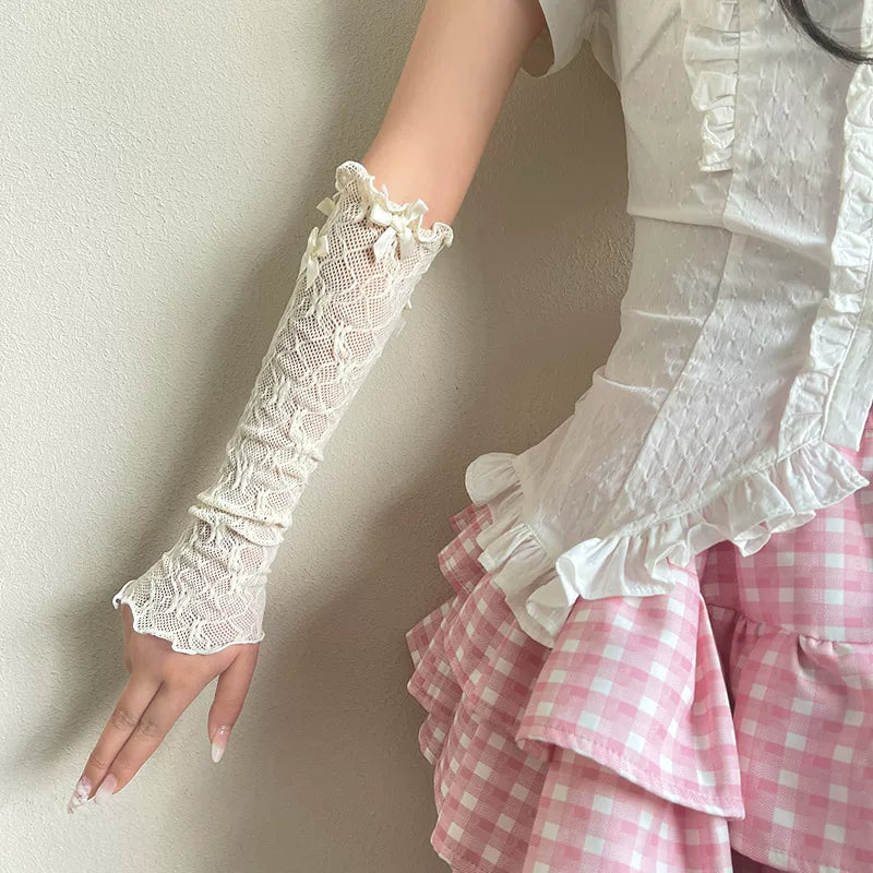 Sock Noble - Korean Lace Bow - Lace arm sleeves with scalloped ruffles and bow ties