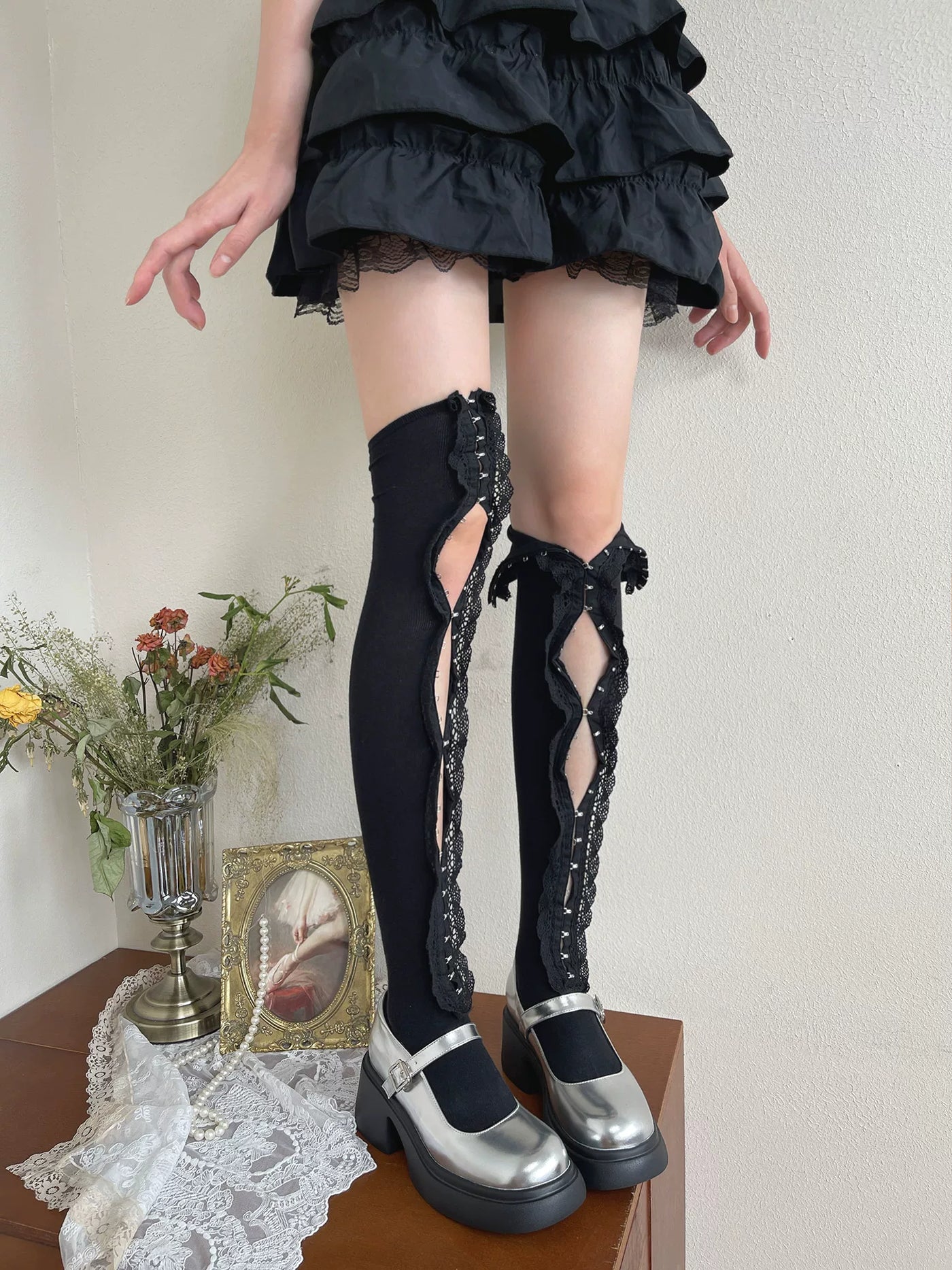 Sock Noble - Millennium Cutout - Lace Cutout Long Socks with Hook Closures