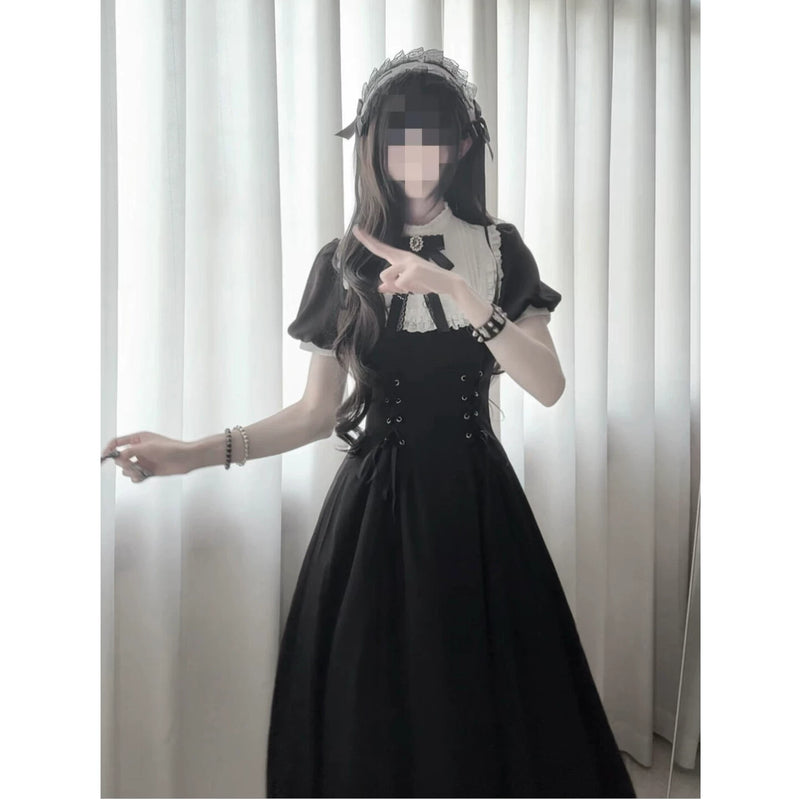 Creamy - Noir Ribbon - Black-and-White Gothic OP Dress with Lace-Up Waist