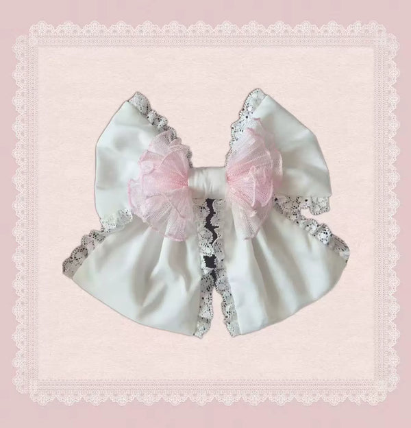 White-and-pink JSK dress with pearl detailing, pink bows and scalloped skirt