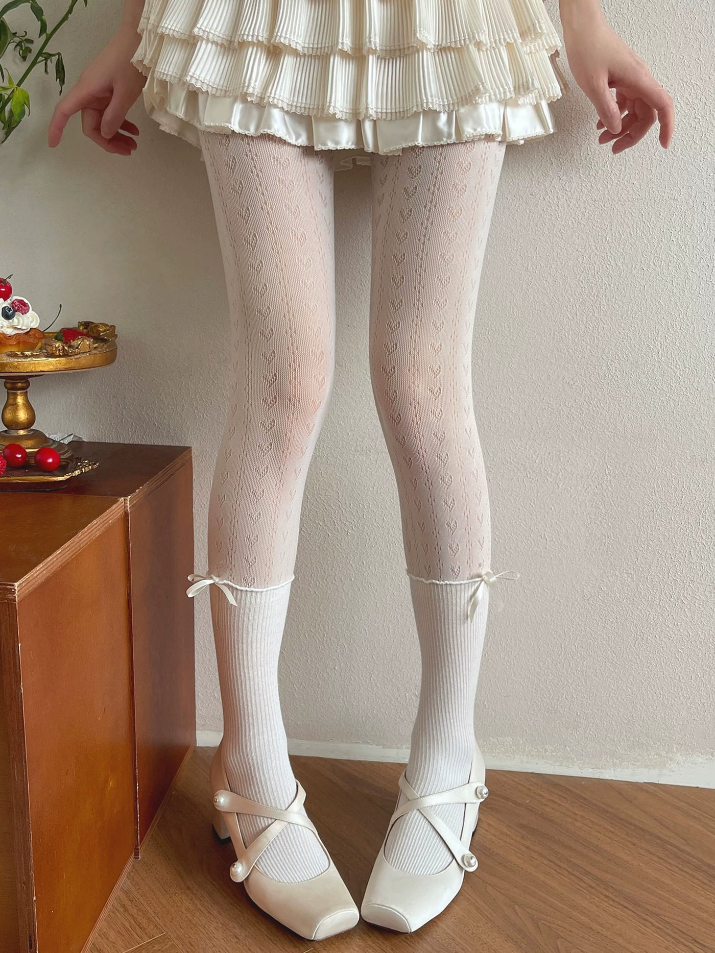 Sock Noble - Heart Lace - White Tights with Repeating Heart Motifs and Bow Accents
