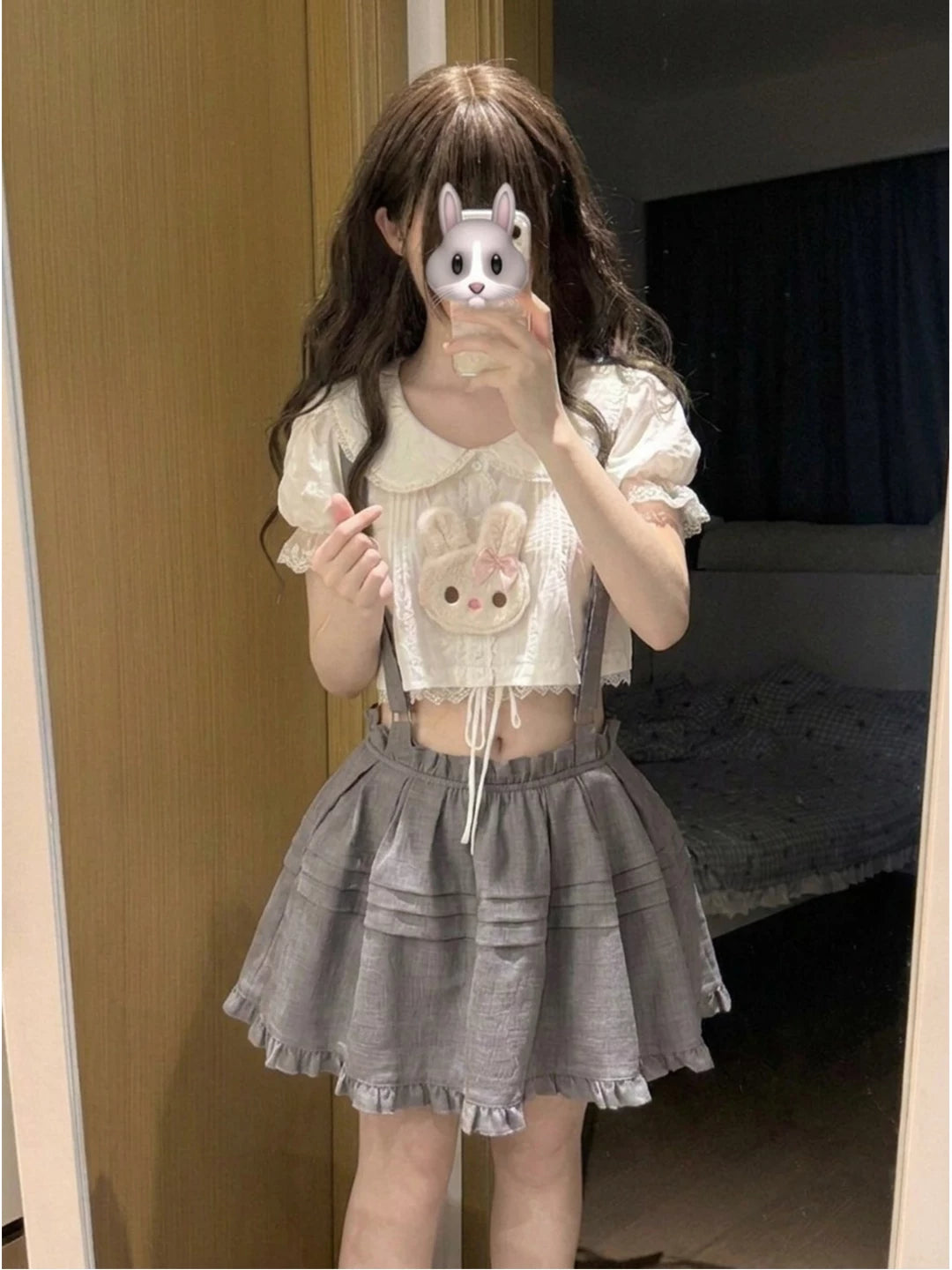 Creamy - Campus Rabbit - Three-Piece Top and Suspender Skirt Set with a Peter Pan Collar