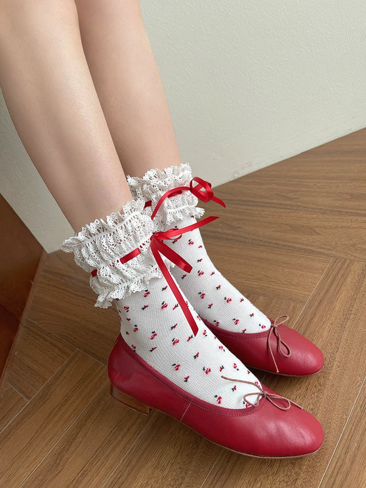Sock Noble - French Garden - Mid-calf socks with lace cuffs and ribbon ties